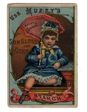Victorian Trade Card Advertising 1800's Young Girl Bonnet Parasol Muzzy's Starch picture