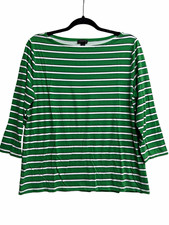 Ann Taylor Factory Green & White Striped Boat Neck 3/4 Sleeve Top, L picture