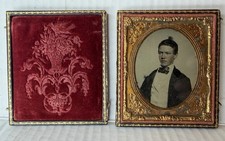 Antique Cased Portrait Photograph Young Man Ornate Frame Red Velvet Lining 3.75” picture