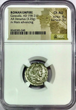 198-217 AD Caracalla & Mars Ancient Roman Silver Denarius Coin NGC Choice AU picture