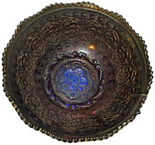 Antique Fenton Persian Medallion Cobalt Blue Carnival Glass I.C.S. Bowl 8 1/2