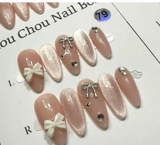Pink White Glitter 3D Bow Rhinestone Acrylic Long Almond Press-On Nails picture
