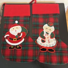 Vintage Mr and Mrs Claus Applique Christmas red and green plaid Stocking picture