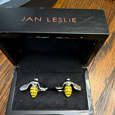 Jan Leslie Signed Bee Cufflinks Silver Metal Yellow/Black Enamel Men's picture