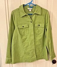 CJ Banks Corduroy Shirt Jacket Womens 1X Green Button Front Stretch Pockets  picture