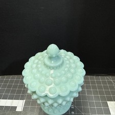 Vintage HTF Fenton Aqua Milk Glass Hobnail Candy Dish With Lid picture