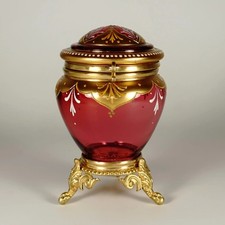 Antique Bohemian Moser Cranberry Glass Raised Gilt Enamel Box Powder Jar picture