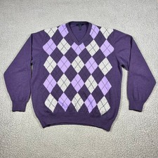 Enzo Mantovani Sweater Mens Purple Argyle 100% Cashmere V-Neck Made in Italy L picture