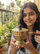 Brass Dhoop Dani Havan Burner with Wooden Handle | Indian Puja Incense Holder picture