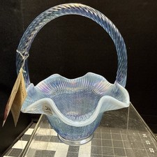 Vintage Fenton Misty Blue Iridescent Herringbone Glass Basket 7” By 6” picture