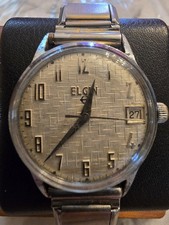 Rare Vintage Elgin Mens Watch Basket weave/Linen Dial Date Silver Tone picture