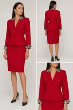 Vintage Christian Dior Red Wool Skirt Suit Leopard Trim Womens Size 6 USA picture