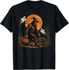 Spooky Forest Moon Halloween Bigfoot Pumpkin Funny Sasquatch T-Shirt picture
