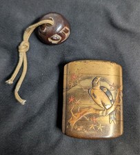 18/19th c BEAUTIFUL antique Japanese gold lacquer inro & wood netsuke SIGNED picture