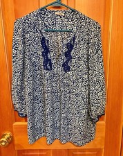 J. Jill Blue Botanical Leaf Print Tunic Top 3/4 sleeve Rayon Lightweight Sz L picture