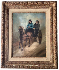 Antique 1890s Oil Painting Two Men in Horse Drawn Cart Misty Road Gilt Frame picture
