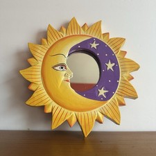 Vintage 90s Celestial Sun Moon Stars Mirror 8in Hand Painted Whimsygoth Purple picture