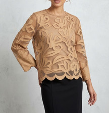 Chico’s Floral Sheer Cutout Appliques Tan Mesh Top Sz 0/4 Scalloped Hem BohoChic picture