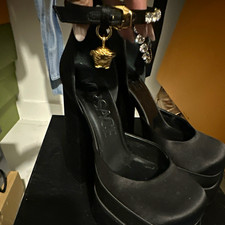 Versace Black Silk Platform Block Heel Ankle Strap Medusa Charm Rhinestone 8 picture