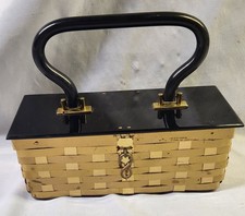 Vtg 1950's DORSET REX GOLD WEAVE BASKET PURSE w/ BLACK LUCITE TOP & ANVIL HANDLE picture