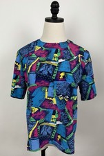 Vintage Abstract Print Blouse Womens XS / Small 90s Colorful Geometric Vaporwave picture