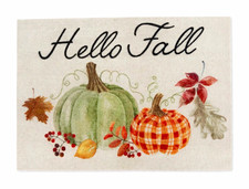 NEW Hello Fall Door Mat 18x30 Pumpkin Plaid Orange Green Farmhouse Autumn NWT picture