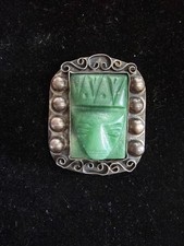 Antique 1930s Mexican Silver Carved Jade Mask Brooch Pin - Pre-1948 Mesoamerican picture