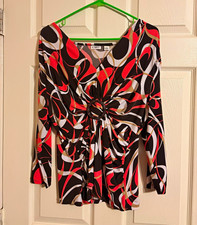 Cato Women's L Black/Orange/White Abstract V-Neck Long Sleeve Tunic Buckle picture