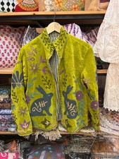 Handmade Suzani Embroidered Velvet Jacket Green Rabbit Floral Boho Ethnic Coat picture
