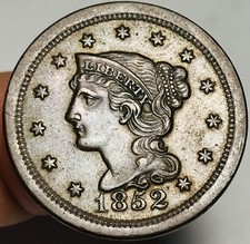 1852 Large Cent Matron Braided Hair 1C CHOICE US Copper Coin CC30487 picture