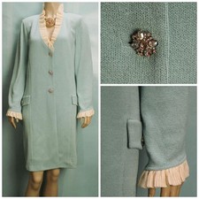 St John Collection Jacket Size 12 14 Blue Green Duster Coat Ruffle Trim picture
