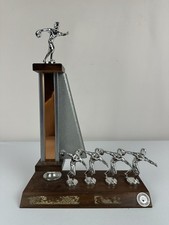 Vintage 1960’s League Champions Bowling Trophy 5 Bowler Figures Wood Base picture