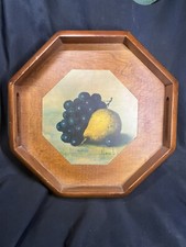Vintage Octagon Wooden Tray Decoupaged Still Life Print PEAR GRAPES Signed Hank picture