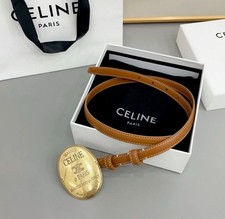 Celin*e  Women’s Brown  Skinny  Belt w/ Gold-Tone Oval Logo Buckle picture