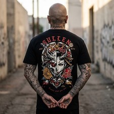 Japanese Oni Geisha Tattoo Style Sullen Art Black T-Shirt Chicano Men, S-5XL picture