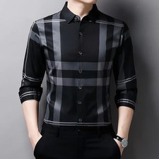 Camisa Ajustada De Seda De Hombres Ropa De Vestir Manga Larga a Cuadros Elegante picture