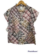 Joie Women’s Patchwork Ruffle Sleeve Blouse Top Plaid Multicolor Size XS NWT picture