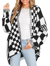 Women’s Plaid Knit Cardigan Oversized Open Front Sweater Long Sleeve S-2X picture