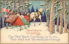 New Year's Santa Claus in Sleigh Winter Scene c1910s-20s Vintage Postcard picture