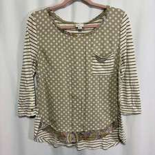 Postmark Anthropologie Mixed Print T-shirt Size M Beige Ivory Polka Dot Stripe picture