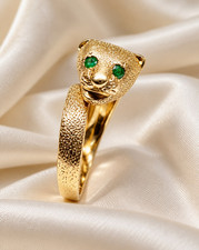 Vintage 14K Gold Sculpted Panther Leopard Wrap Ring Emerald Eyes Size 6 picture