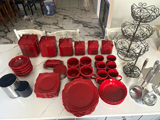 Princess House Pavilion Red Ceramic Dinner Set Plates Bowls Mugs, Shiny Finish picture