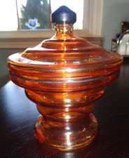 AWESOME VINTAGE IRIDESCENT AMBER GLASS LIDDED CANDY DISH OR BON BON JAR picture