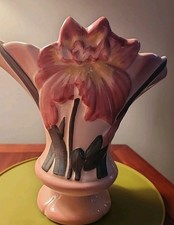 Vintage Camark Pottery Vase Pink With Hot Pink Flowers Iris 8.5 X 8 X 5.5” 50's picture