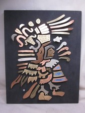 as-is vintage mixed metal Mexican inlay Aztec Mayn warrior wall plaque *NOTE picture