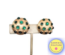 Vintage 1960s Signed Trifari Round Goldtone Cabochon Faux-Emerald Clip Earrings picture