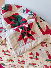 VTG Handmade Sampler Star Lap Crib Quilt Christmas Toys Bears Cotton Tied  58x42 picture