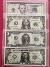 US Federal Reserve Notes Banknotes Lot of 4 $5 $2 $1 Star Notes Mixed Years picture
