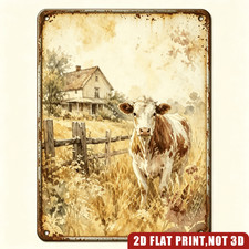 Rustic Farm Cow Old Farmhouse Fence Vintage Metal Sign Tin Wall Hanging Decor picture