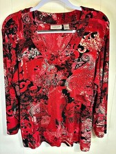 Chico's Travelers Top 3 XL Red Paisley Acetate Embellished V-Neck 3/4 Sleeve picture